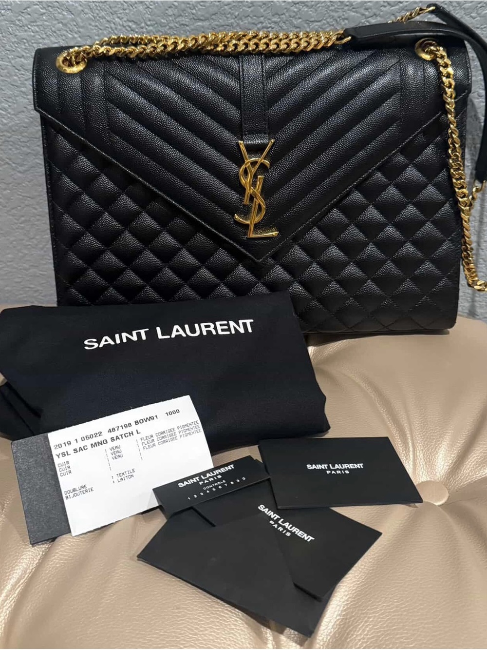 Saint Laurent Large Envelope Black Quilted Leather Monogram Chain Shoulder Bag